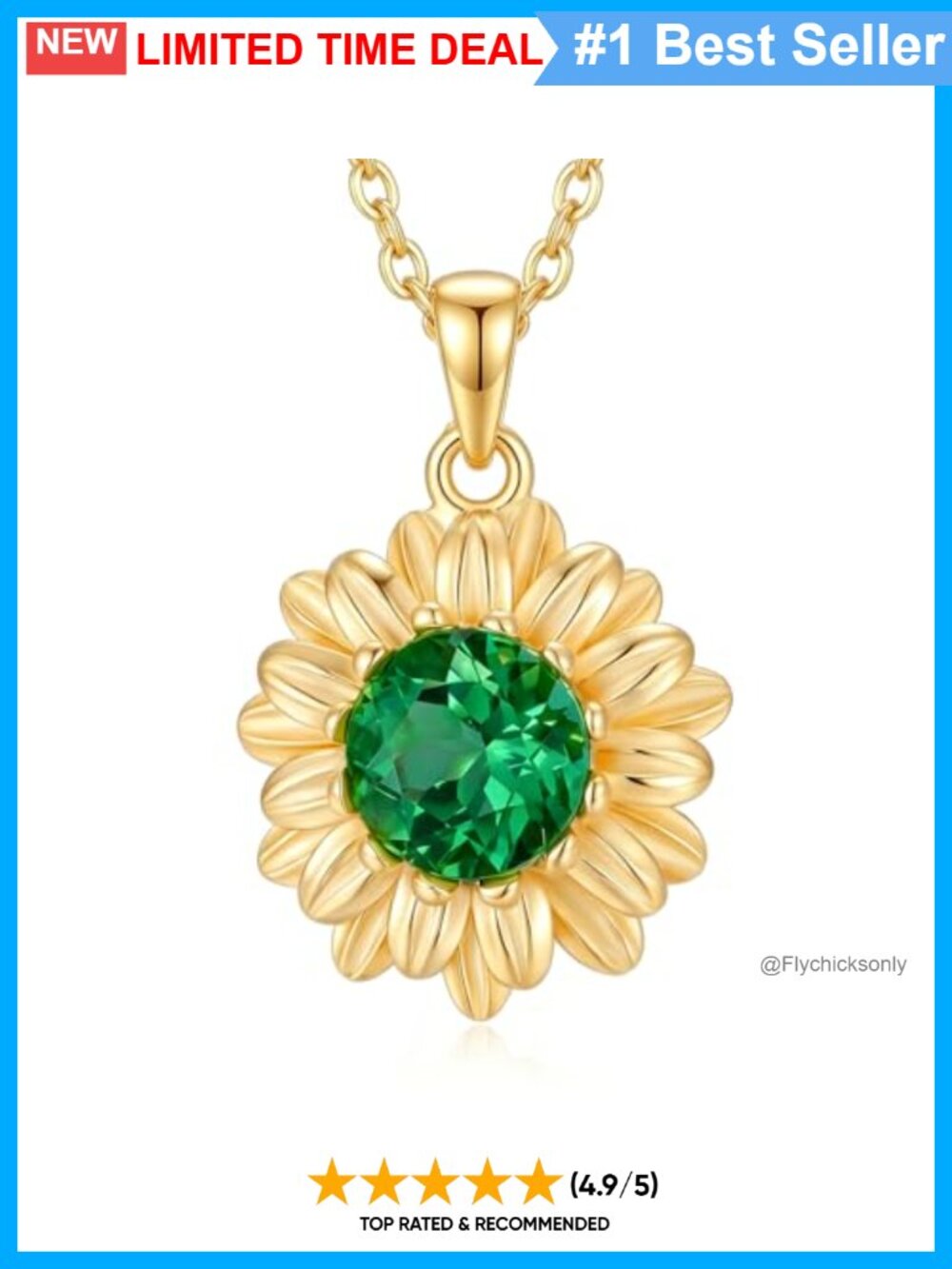 925 Sterling Silver Sunflower Pendant Necklace with Emerald Gemstone